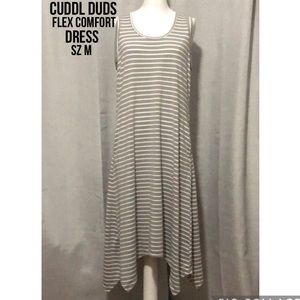 Cuddl Duds Flex Comfort Tank Dress-M-Sleeveless-Uneven Hem-Gray/White Stripe-EUC